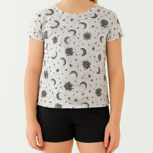 Full Tilt Top Celestial Print Tee White and Black S Wundies Black Shorts XS
